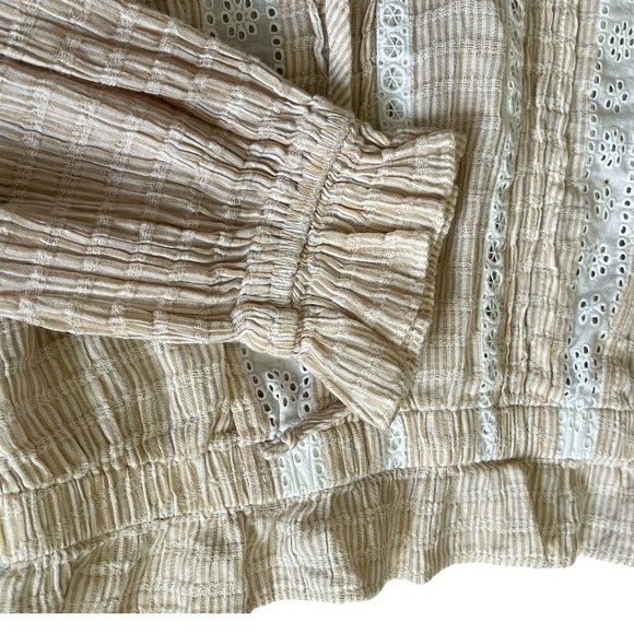 American Eagle Eyelet Tan Striped Tie Neck Long Sleeve Lace Blouse Size M - Picture 5 of 7